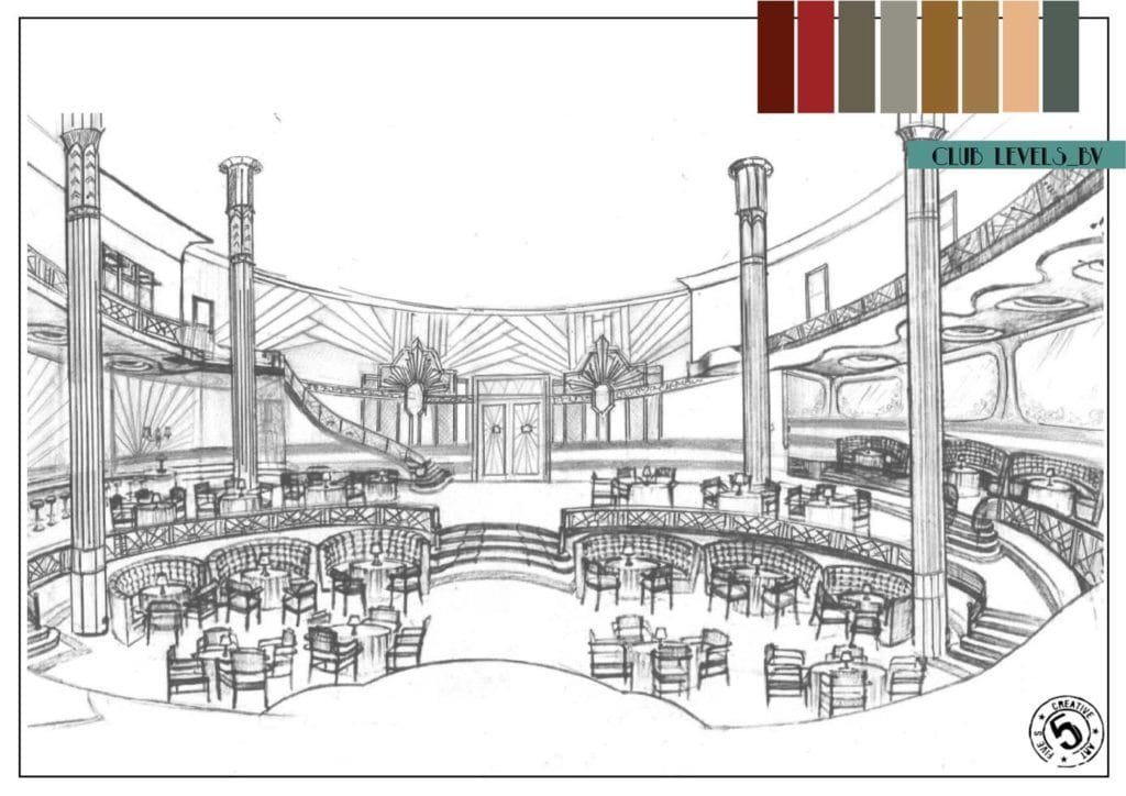 A sketch of the interior of the Bombay Velvet Club along with the colour palette. Photo Credits: Sonal Sawant