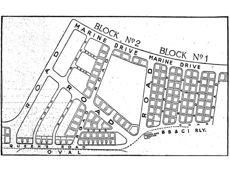 Archival image showing plots of land at Marine Drive (or Queen's Necklace) and Queen's Road (now Maharshi Karve Road) facing the Oval. Source: The Times of India, Feb 15, 1937, pg. 17.