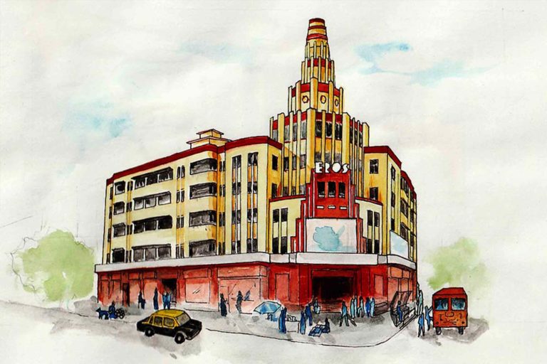 Hand-painted watercolour illustration of an Architectural Jewel, Eros Cinema