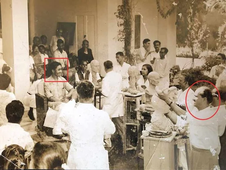 People from the art community surround a smiling Tenzing Norgay, mountaineer and Sherpa (seated, in square highlight) and one half of the duo (the other being Sir Edmund Hillary) that was the first to reach the summit of Mt. Everest in 1953. Pansare is seen in the extreme right (in circle highlight), while fellow sculptor Mr. Kamat  stands next to him sculpting a bust (presumably Tenzing Norgay’s); Source: Pansare Family Archive