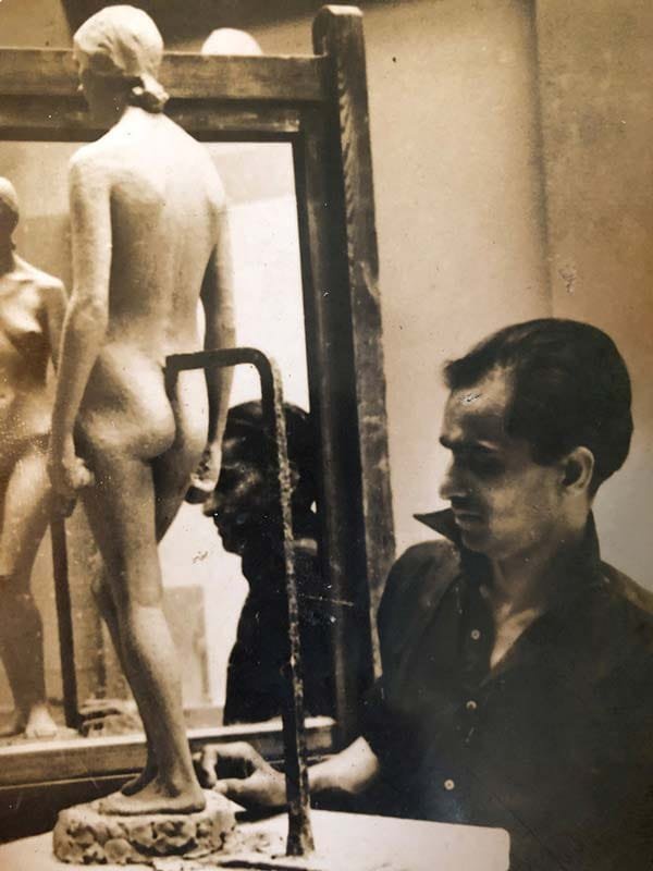 Pansare working on a sculpture at the Royal College of Art, London; Source: Pansare Family Archive