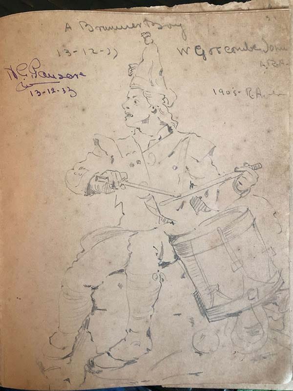 A pencil sketch titled ‘A Drummer Boy’ dated 13th December, 1933, from Pansare’s sketchbook. It is one of the earliest sketches in his book and has his signature at the top left corner; Source: Pansare Family Archive