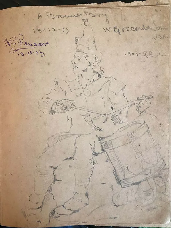 A pencil sketch titled ‘A Drummer Boy’ dated 13th December, 1933, from Pansare’s sketchbook. It is one of the earliest sketches in his book and has his signature at the top left corner; Source: Pansare Family Archive