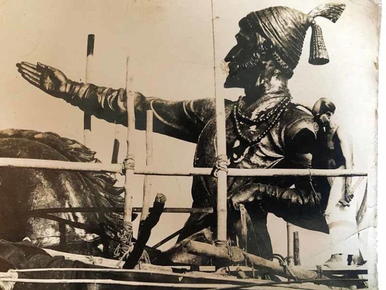 To appreciate the scale of the Chattrapati Shivaji Maharaj equestrian statue at Shivaji Park, Dadar (W) observe N G Pansare standing on the scaffolding; Source: Pansare Family Archive