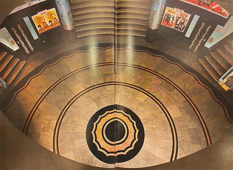 The floor of Eros Theatre's lobby, with white, black marble, and streaks of gold. Source: Bombay Deco, Rahul Mehrotra and Sharada Dwivedi