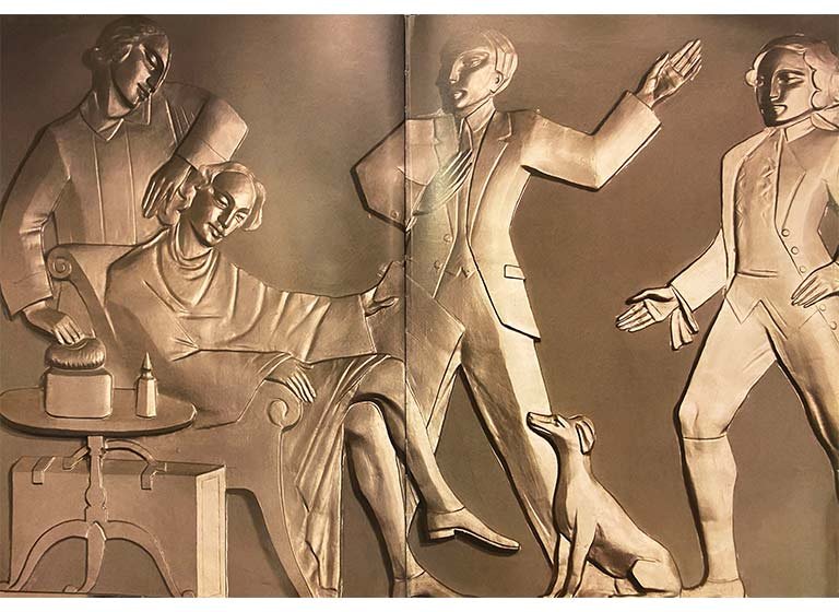 The bas-relief work depicting an artist seated, getting hair and makeup done. Source: Bombay Deco, Rahul Mehrotra and Sharada Dwivedi