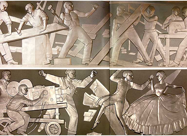 A crew constructing the film set (Top); Actors performing in front of a rolling camera (Bottom). Source: Bombay Deco, Rahul Mehrotra and Sharada Dwivedi