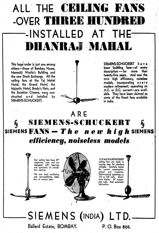 Magazine advertisements of items used in Dhanraj Mahal. Source: Watson’s Annexe disappears, Times of India, May 27, 1936.